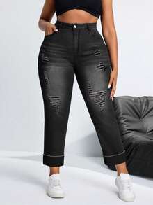 Slaydiva Plus Size Elastic Fashion Sexy Ripped Slim Fit Denim Jeans - Black - View 6