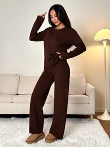 SHEIN PETITE 女款純色圓領長袖毛衣搭配長褲休閒正裝套裝，秋冬款 - 咖啡棕 - 查看 5