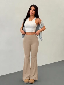 SHEIN PETITE 女款瑜伽褲 高腰彈性收腹健身緊身褲 - 駝色 - 查看 8