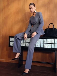 MOTF STUDIO CONTRAST LACE WAIST-CINCHING BLAZER AND SEAM FRONT PANTS SUIT SET - Blue - View 6