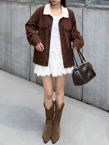 FRIFUL Women's Street Fashion Button Long Sleeve Pocket Jacket Winter - Coffee Brown - View 4