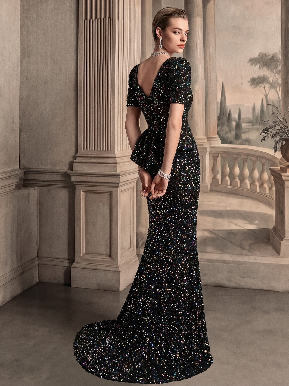 Anewsta Affair Women's Elegant Deep V-Neck Cinched Waist Bodycon Mermaid Sequin Evening Gown Dress