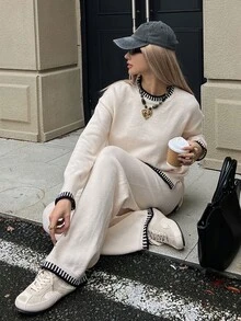 DAZY Autumn/Winter Beige Round Neck Trim Sweater & Loose Wide Leg Pants Casual Versatile Daily Commute Women's Two Pieces Set - Apricot - View 7