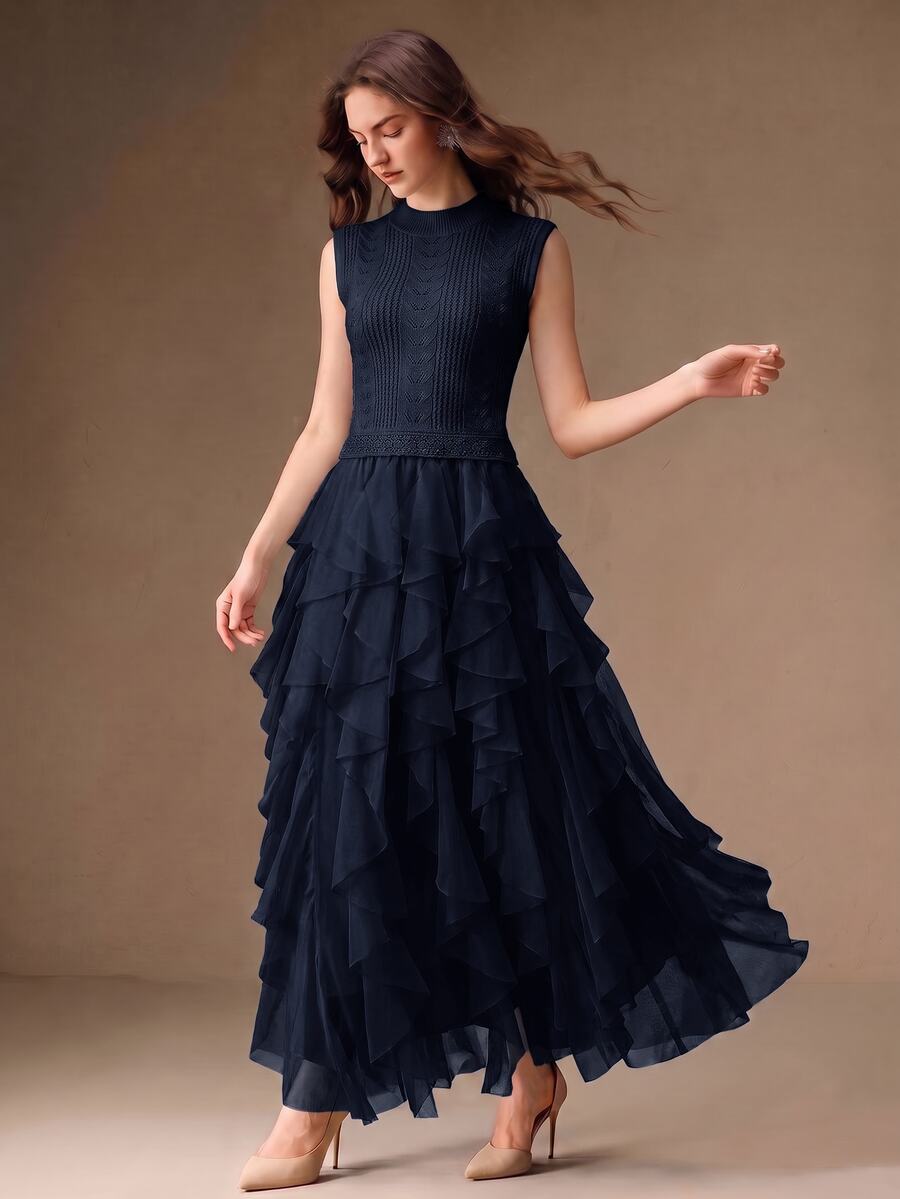 Anewsta Gaun Panjang Wanita Terbaru Tanpa Lengan, Rajutan Crochet, Patchwork, Multi-Layer, Hem Berumbai, Romantis dan Elegan - Navy Blue - View 1