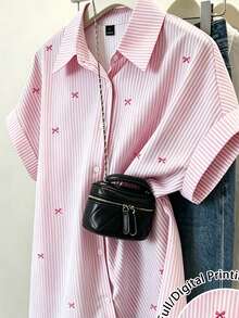 EMERY ROSE 女款夏季休閒條紋蝴蝶結仿刺繡前排釦短袖襯衫 - 彩色 - 查看 3
