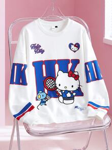 HELLO KITTY AND FRIENDS | SHEIN Men's Letter Cartoon Print Crew Neck Long Sleeve Casual Sweatshirt - White - View 1