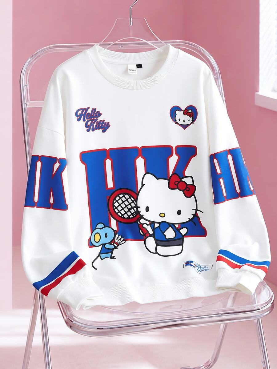 HELLO KITTY AND FRIENDS | SHEIN Men's Letter Cartoon Print Crew Neck Long Sleeve Casual Sweatshirt - White - View 1