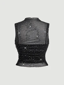 SHEIN MOD 大尺碼夏季時尚亮片網紗背心 - 黑色 - 查看 2