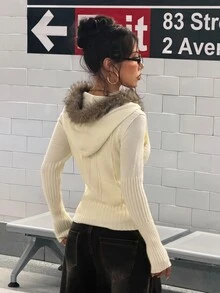 StreetHx Women's Versatile Classic Cable Knit Daily Commute Streetwear Retro Style Autumn/Winter Hooded Fur Collar Sweater Vest - Apricot - View 2