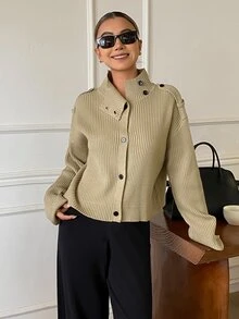 DAZY Women's Solid Color Loose Ribbed Long Sleeve High Neck Button Casual Streetwear Korean Style Vacation Thickened Jacket Regular Fit Fall - Khaki - View 5