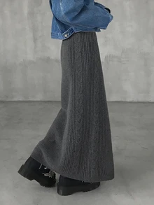 FRIFUL Women's Cable Knit Long Casual Versatile Midi Skirt Fall - Grey - View 3
