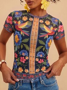 Travachic 女款花卉印花圓領短袖休閒時尚上衣 - 黑色 - 查看 3