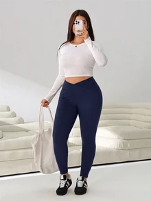 Solflare Navy Blue Plus Size Women's Autumn/Winter Black 2 Pieces Leggings Set - Navy Blue - View 3