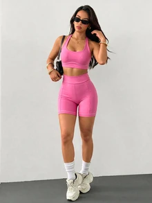 Eassivo Women's 2 Pieces Sports Set, Pink Yoga Fitness Outfit, White Underbust Design, Workout Exercise Set - Pink - View 5