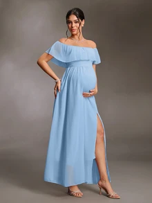 Cheriluna Maternity 優雅露肩荷葉袖側開衩 A 字版型雪紡孕婦洋裝 - 淺藍色 - 查看 4