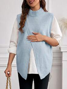 Momance Maternity Gentle Versatile Slit Knit Vest Cardigan - Baby Blue - View 1