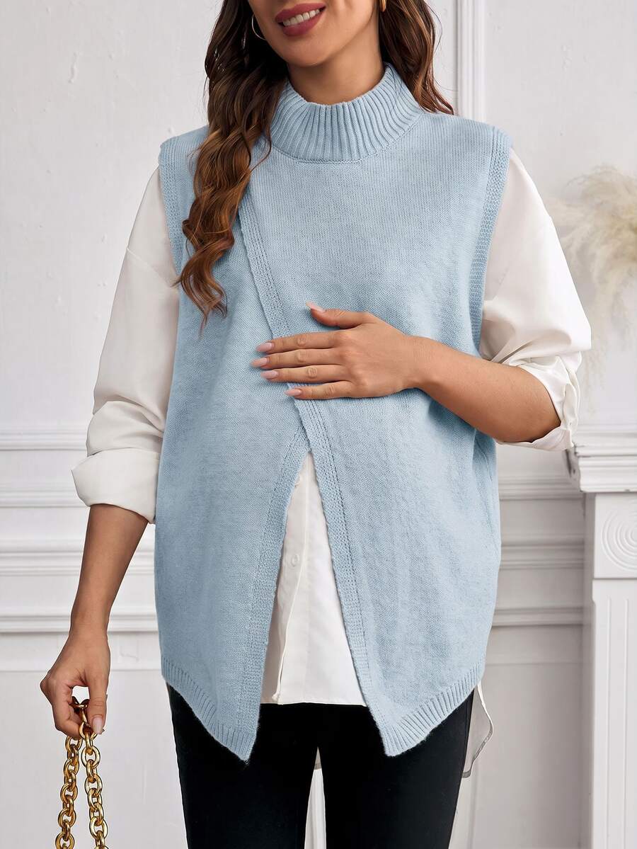Momance Maternity Gentle Versatile Slit Knit Vest Cardigan - Baby Blue - View 1