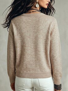 Linhara CURVE Plus Size Women's Solid Color Knit V-Neck Hollow Out Minimalist Casual Cardigan Suitable For Daily Commute Office School Vacation - Camel - View 2