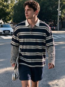 TONEVAULT Men's Striped Casual Daily Wear Polo Shirt - Navy Blue - View 3