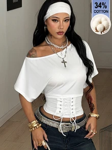 Coolane Women's All-Season Concert Rave Y2K Basic Essentials Asymmetrical Shoulder Waist-Cinched Straps Drawstring White T-Shirt 34%Cotton Comfortable - White - View 3