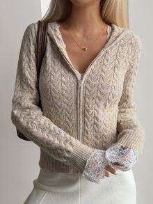 DAZY Women's Cable Knit Long Sleeve Zip-Up Hooded Cardigan - Khaki - View 7