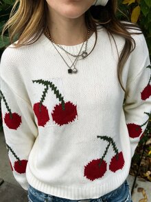 Selianne Cute Cherry Pattern Knit Pullover, Women Crew Neck Long Sleeve Drop Shoulder Loose Fall Sweater School White And Red Casual - White - View 4
