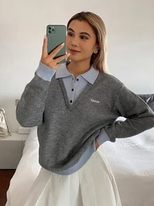 DAZY Women's Colorblock 2 In 1 Letter Embroidered Loose Long Sleeve Polo Collar Casual Vacation Autumn/Winter Sweater - Grey - View 4