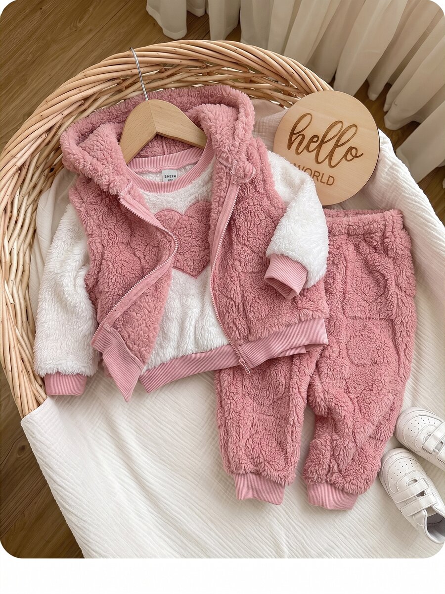 SHEIN Baby Girl Embroidered Long Sleeve Top And Pants With Zipper Hooded Vest 3 Pieces Set - Pink - View 1