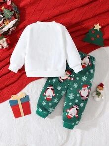 SHEIN Playful Pals 2件組 幼兒男嬰衛衣長褲套裝，可愛白色綠色聖誕補丁雪花毛絨長袖圓領加厚套頭衫，適合聖誕派對、冬季與秋季 - 綠色 - 查看 2