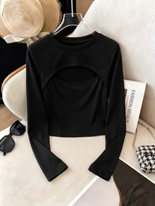 Rovax Women's Solid Color Cutout Design Long Sleeve Cropped Sports T-Shirt - Black - View 4