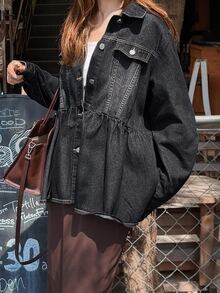 FRIFUL Women's Single-Breasted Long Sleeve Ruffle Hem Denim Jacket - Dark Grey - View 5