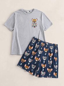 TOM & JERRY X SHEIN طقم ملابس منزلية للرجال بطبعة كرتونية، ملابس علوية بأكمام قصيرة وشورت - رمادي فاتح - مشاهدة 1