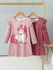 2pcs Girls Fashionable Cute Unicorn Print Long Sleeve Ruffle Hem Loungewear Dress - Multicolor - View 3