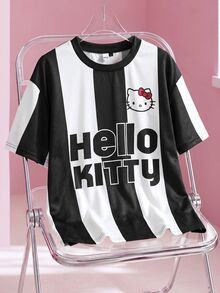 HELLO KITTY AND FRIENDS | SHEIN Men's Letter Print Crew Neck Short Sleeve Casual T-Shirt - Black and White - View 1