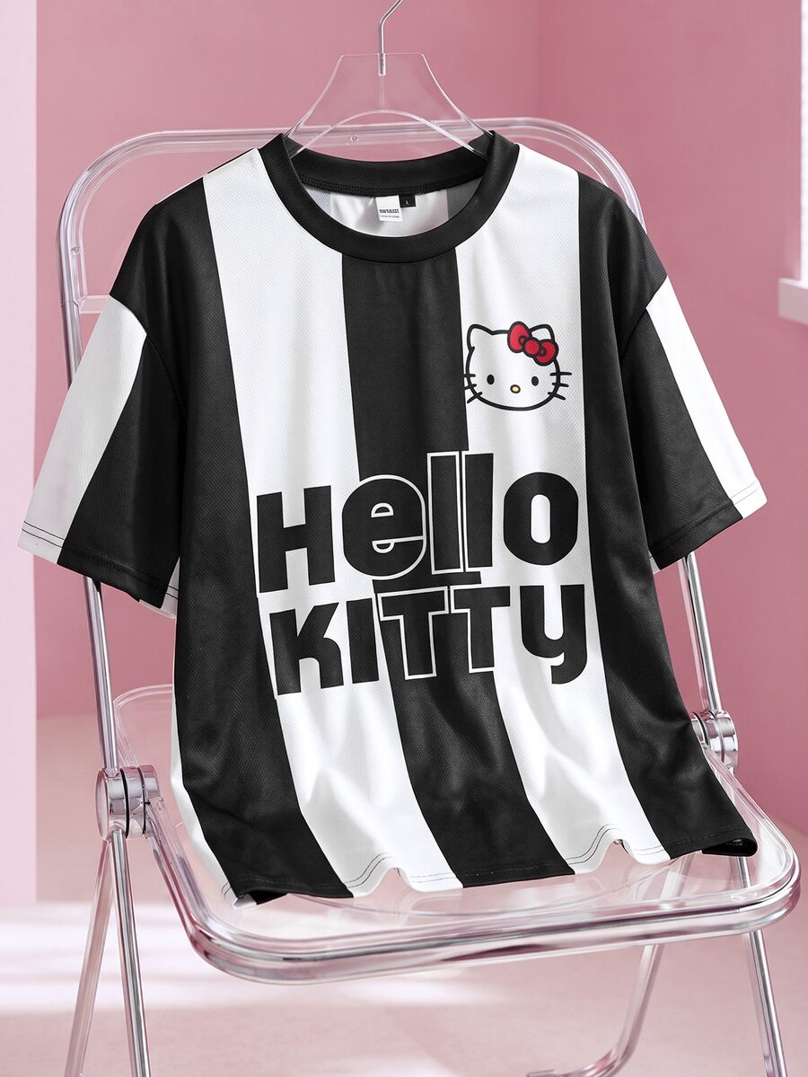 HELLO KITTY AND FRIENDS | SHEIN Men's Letter Print Crew Neck Short Sleeve Casual T-Shirt - Black and White - View 1