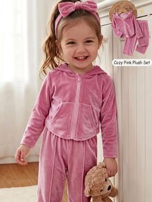 Cozy Pixies Baby Girl Baby Girl 2pcs Solid Pink Drawstring Hoodie Top And Wide Leg Pants Set, Casual For Spring/Autumn, Daily Wear - Pink - View 8