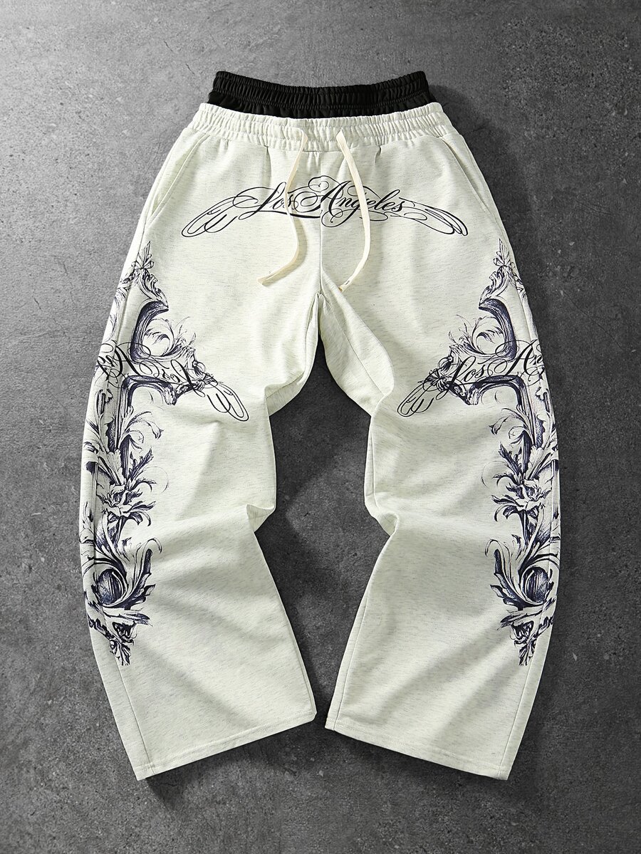 ROMWE MEN Men's Vintage Cross & Calligraphy Print Double Waistband Colorblock Long Pants - Grey - View 1