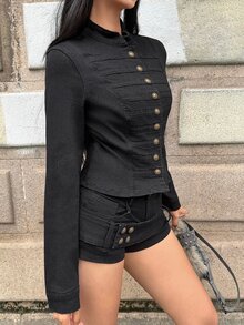 StreetHx Setelan Fashion Kasual Retro Gaya Jalanan Gadis Seksi: Jaket Napoleon Kancing Depan Terbuka + Celana Pendek Denim Pinggang Rendah - Hitam - View 3