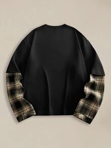 EASEVO Men's Plus Size Plaid 2 In 1 Patchwork Casual Versatile T-Shirt - Black - View 2