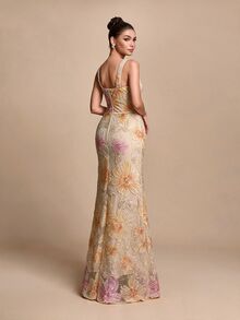 Glamine Floral Sequin Mesh Elegant Evening Dress - Apricot - View 2