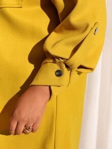 EMERY ROSE Plus Size Women Autumn/Winter Casual Vacation Country Solid Color Yellow Blouse Jacket With Pockets, Fall,Going Out,Business,Formal - Yellow - View 7