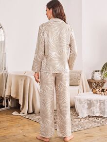 Serenescape Women's Floral Palm Leaf Print Long Sleeve Long Pants Pajama Set - Apricot - View 2