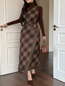 DAZY Women's Fashionable Elegant Plaid Dress With Frayed Hem - Brown - View 5