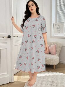 SHEIN 櫻桃印花短袖大尺碼睡裙 - 彩色 - 查看 3