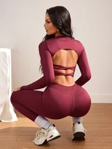 Slayform Women's Casual Long Sleeve Top And Fitted Leggings Sports Set - Burgundy - View 1