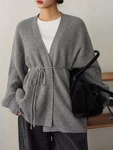 DAZY Women's Loose Business Casual Knit Cardigan With Rhinestone Sequin Decor, Drawstring Waist Tie, Suitable For Home, Commute And Outdoor Wear In Autumn And Winter - Grey - View 1