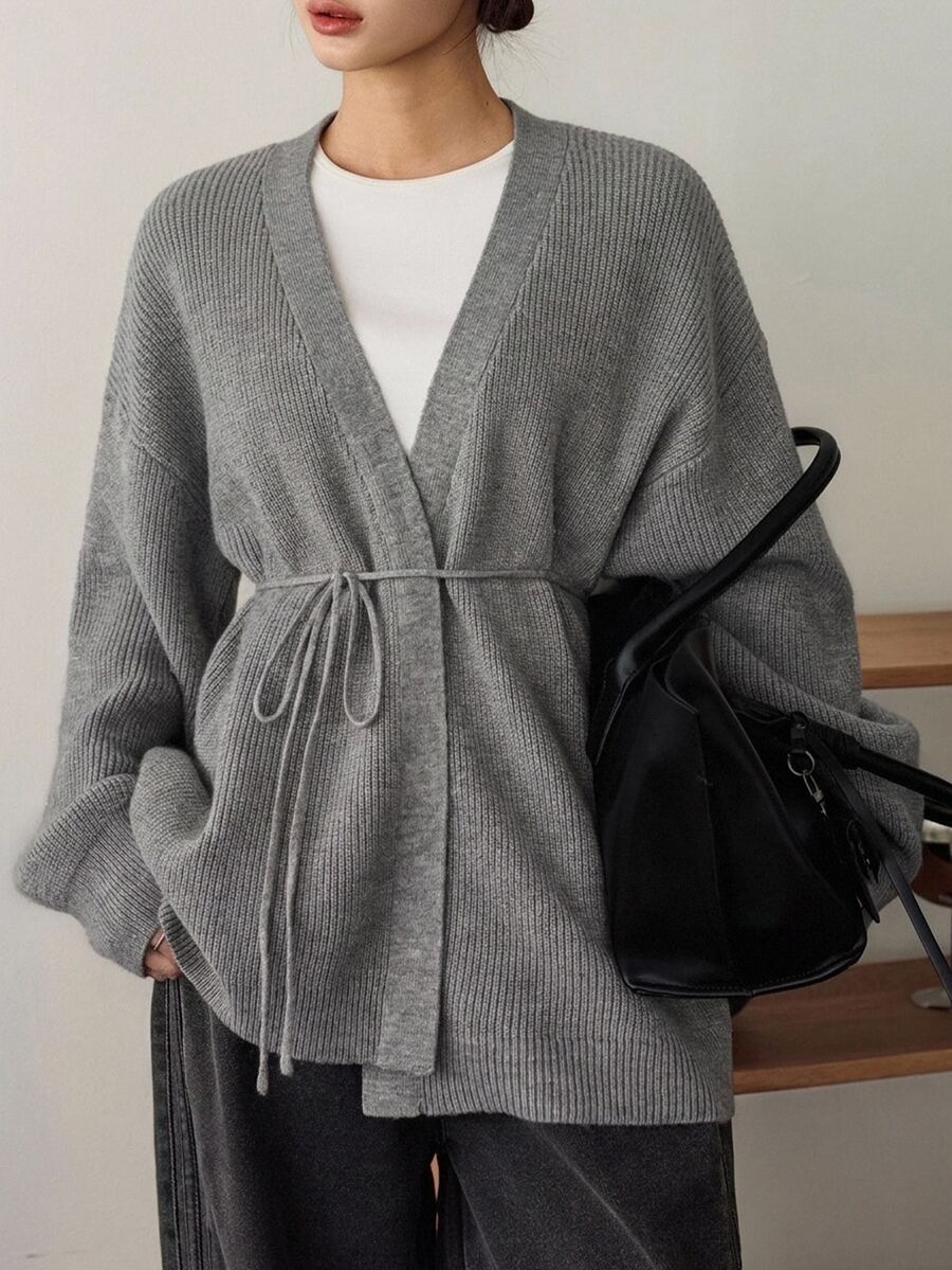 DAZY Women's Loose Business Casual Knit Cardigan With Rhinestone Sequin Decor, Drawstring Waist Tie, Suitable For Home, Commute And Outdoor Wear In Autumn And Winter - Grey - View 1