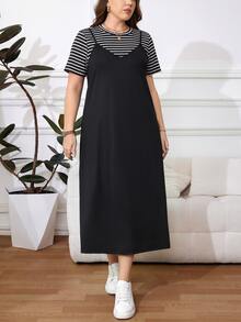Easowa Curve Set 2 Potong Kaos Bergaris dan Gaun Cami Ukuran Plus - MultiWarna - View 3