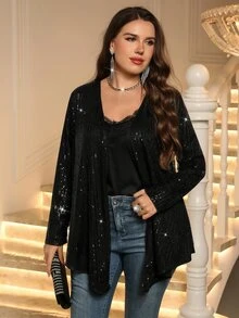 Miaspire Jaket Cardigan Payet Hitam Ukuran Plus Wanita Elegan untuk Musim Gugur - Hitam - View 4