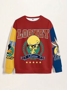 LOONEY TUNES X SHEIN 大尺碼拼色拼接卡通印花圓領運動衫 - 白色 - 查看 3